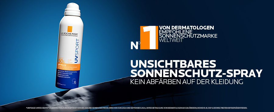 La Roche Posay Anthelios UV Sport Sonnenspray LSF 50+. Unsichtbar auf der Haut, trockenes Finish. Weißer Pumpspray auf blauem Hintergrund mit Wassertropfen.